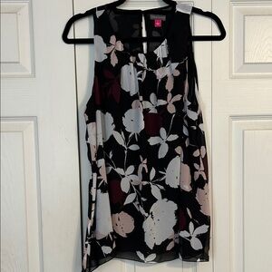 Vince Camuto Black Cream Floral Sleeveless Top A-line Flowy Semi-Sheer Office